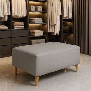 Puff Bela Manu Decor Madri Pés Palito Tecido Linho Cinza