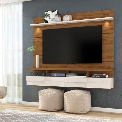 Painel TV Quelen Naturale-Off White M20 60" 182cm MDP com LED e Portas Basculantes D'Rossi