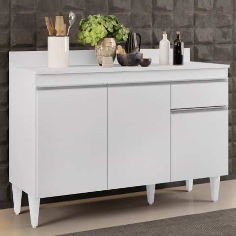 Balcão Gabinete 120cm com Tampo 3 Portas 1 Gaveta Arizona Branco - Lumil Móveis