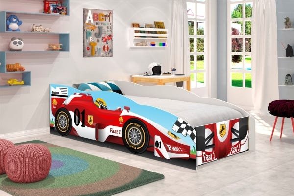 Mini Cama Infantil Carro de Corrida Vermelho + Colchão e Protetor