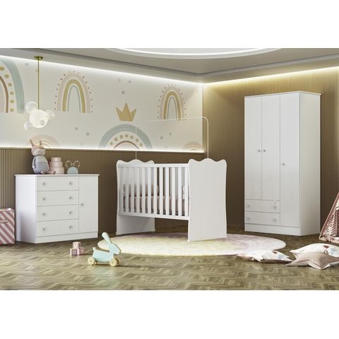 Quarto Infantil Lua Encantada Guarda Roupa, Berço e Cômoda Sapateira Branco