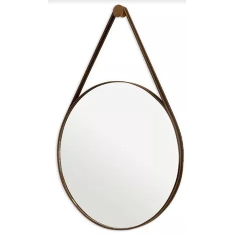 Espelho Redondo Adnet 80cm Moldura e Alça Couro Café + Suporte