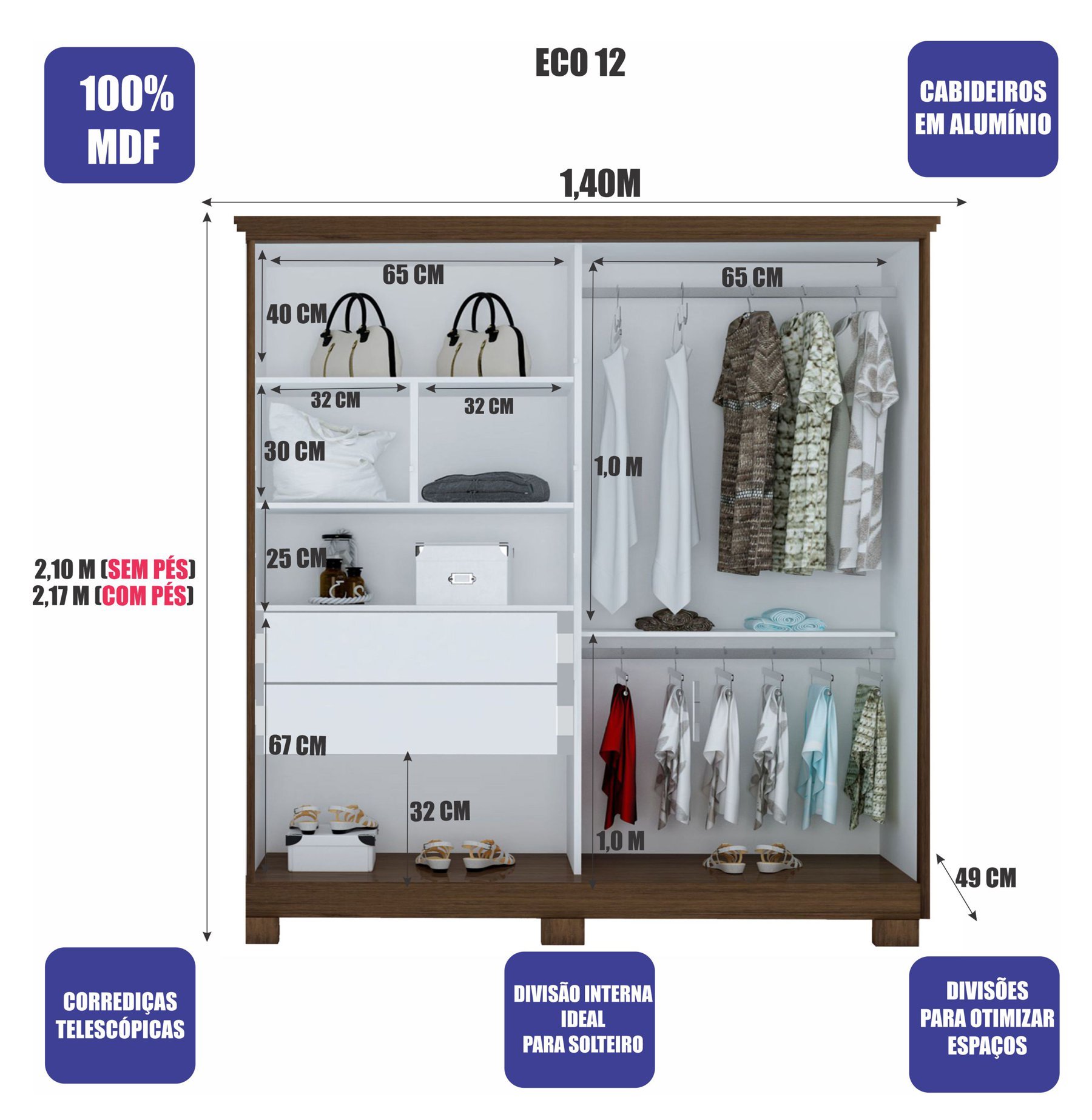 Guarda-roupa Solteiro Eco 12 100% Mdf 4 Portas 2 Gavetas Bom Pastor - Branco - 4