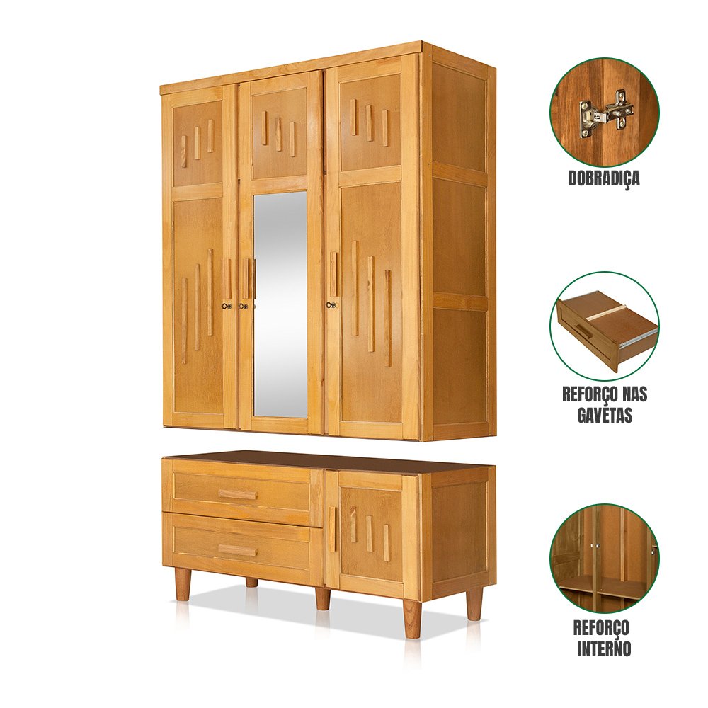 Guarda Roupa em Madeira Maciça 3 Portas 1 Porta com Espelho Imperatriz Imbuia - 2