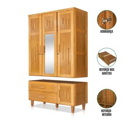 Guarda Roupa em Madeira Maciça 3 Portas 1 Porta com Espelho Imperatriz Imbuia - 2