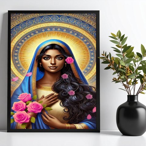 Quadro Santa Sara Kali - Flores Rosas 33x24cm:moldura Preta