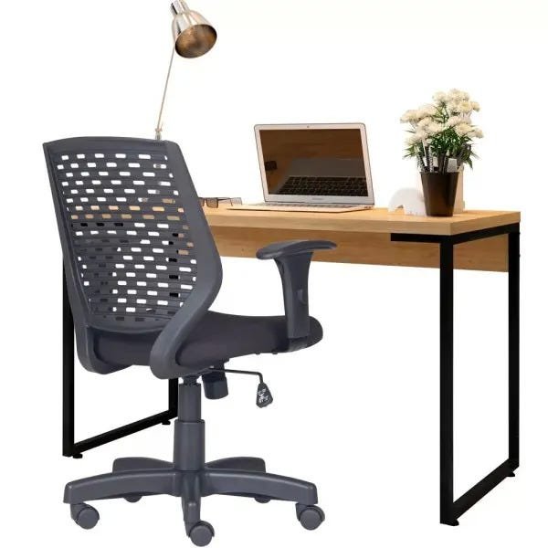 Kit Cadeira Escritório Tech Corino e Mesa Escrivaninha Industrial Soft Nature Fosco - Lyam Decor - 1