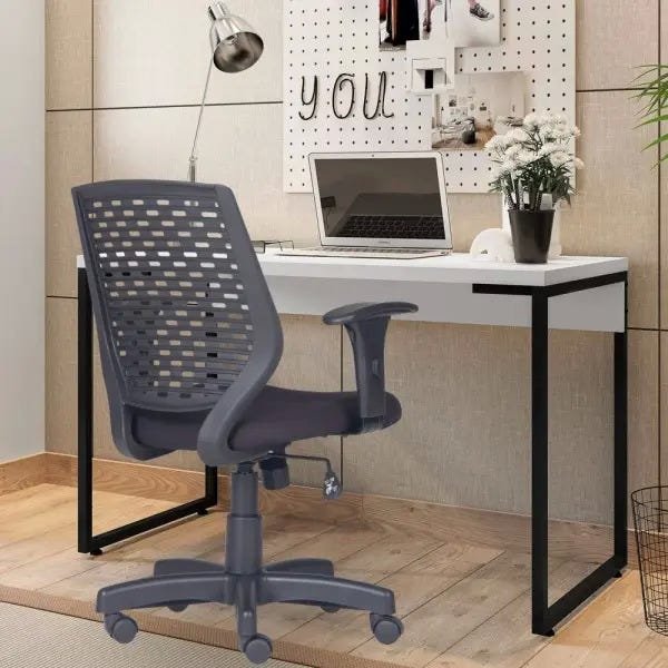 Kit Cadeira Escritório Tech Corino e Mesa Escrivaninha Industrial Soft Branco Fosco - Lyam Decor - 2