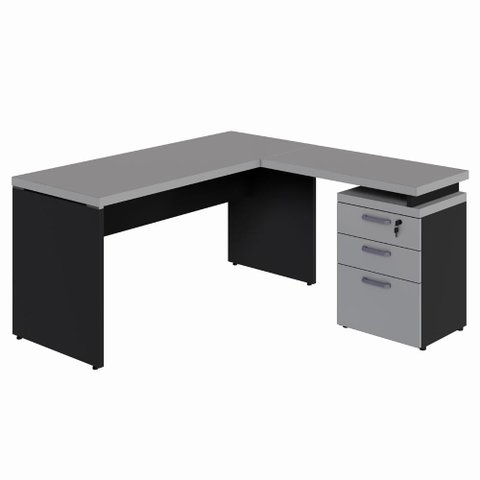 Escrivaninha L 150cm X 150cm Gaveteiro 3 Gav. Pé Painel F5 Cor:cinza Sagrado com Preto