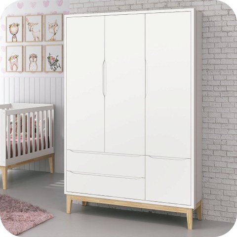 Guarda Roupa Infantil 3 Portas e 2 Gavetas Branco Classic Madeira Natural