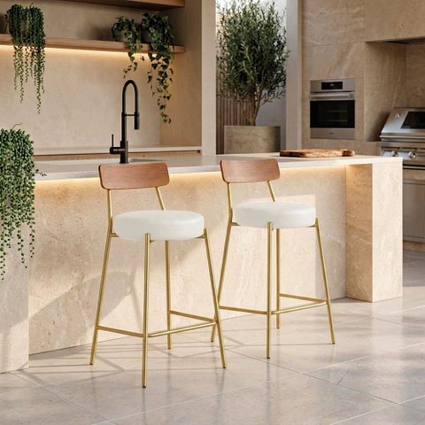 Banqueta Cozinha Média Encosto Castanho KIT2 Industrial Dourado Londrina PU D03 - D'Rossi