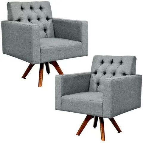 Kit 2 Poltronas Decorativas Giratória Base de Madeira Manu Capitonê Linho Cinza Escuro - Lyam