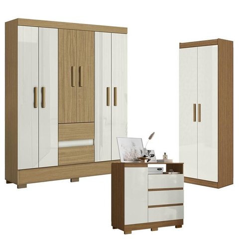 Guarda Roupa Casal Coimbra 2005138 com Armário Multiuso New 2000191 e Cômoda 2014143 Atacama Off Whi
