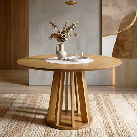 Mesa de Jantar 4 Lugares Redonda com Prato Giratório 135cm Tampo MDF Flora Marrom/Cinamomo/Off White