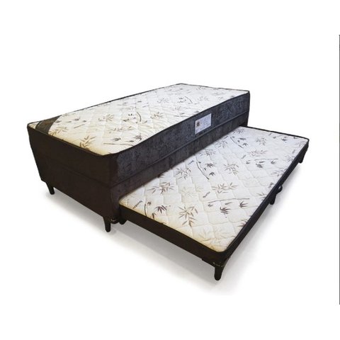 Cama Solteiro Conjugada com Molas e C/ cama Auxiliar 88 x 188- Suede Marrom - Tampo Bambu Marrom