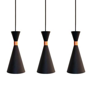 Kit com 3 Luminárias de Teto Pendentes Cones Pretos com Interior Cobre para Cozinhas para 1 E27