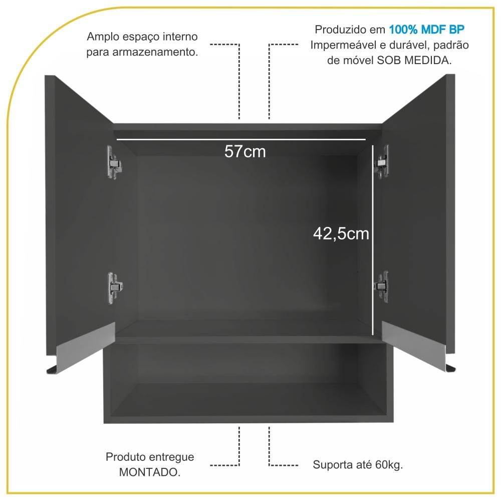 Armário Aéreo Multiuso 2 Portas 60cm com Nicho 100% Mdf Cor:cinza - 3