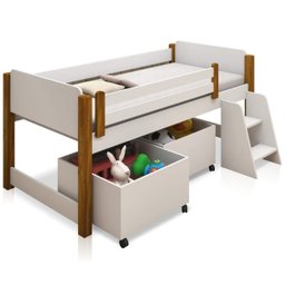 Cama Elevada Solteiro Lari com Nichos Branco e Mel - 1