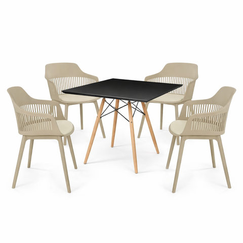 Conjunto Mesa de Jantar Quadrada Preta 90cm com 4 Cadeiras Marcela Nude