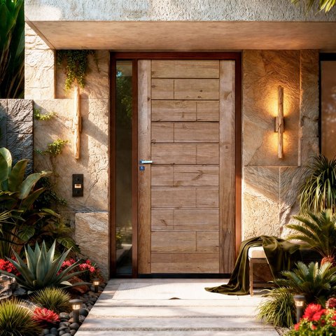 Kit Porta de Madeira Maciça Ekos 210x82cm Batente 18cm Abertura Esquerda Marrom Uniportas