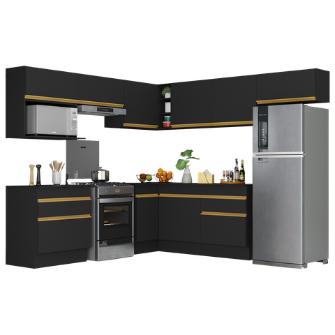Armário de Cozinha Completa de Canto com Rodapé Veneza Multimóveis V2106 Preto/dourado