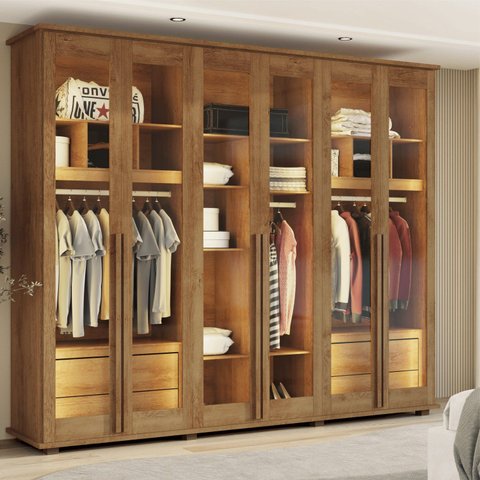 Guarda-Roupa Casal 6 Portas com Vidro Reflecta e LED 4 Gavetas Internas 3 Maleiros Royal Carvalho