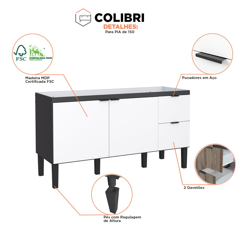 Gabinete de Cozinha para Pia de 150 em Madeira Colibri 2 Gavetas Preto/branco - Cozimax - 4