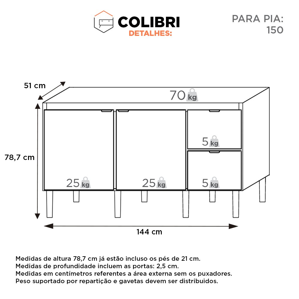 Gabinete de Cozinha para Pia de 150 em Madeira Colibri 2 Gavetas Preto/branco - Cozimax - 5