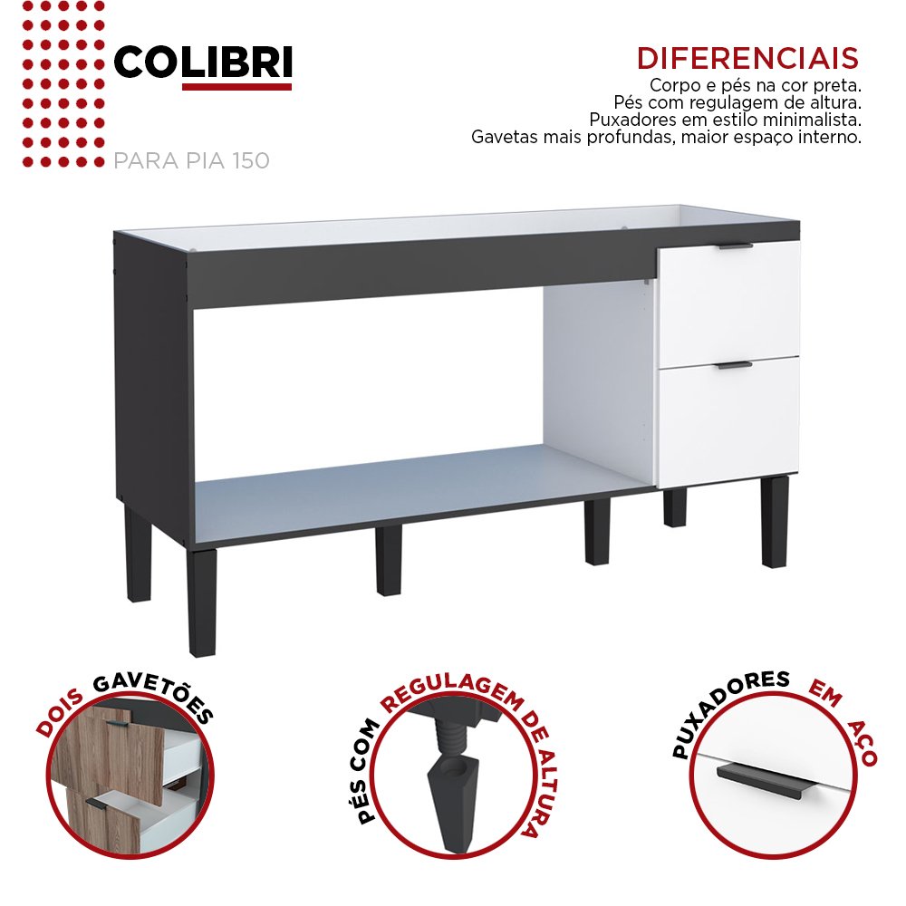 Gabinete de Cozinha para Pia de 150 em Madeira Colibri 2 Gavetas Preto/branco - Cozimax - 2