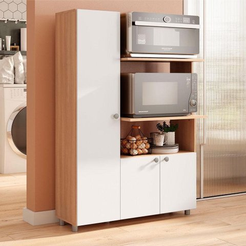 Armário de Cozinha Multiuso 2 Nichos para Forno e Micro 3 Portas e 4 Prateleiras