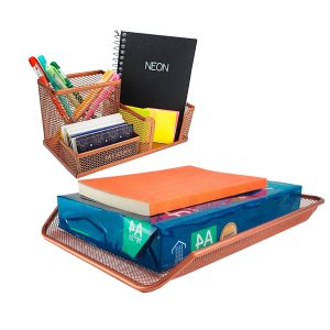 Kit Escritório Organizador de Mesa, Bandeja Rose Gold