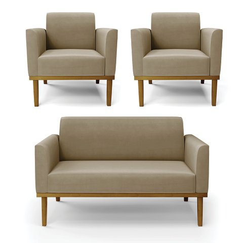 Conjunto 2 Poltronas e 1 Namoradeira Decorativa Isabella Pés Fixo em Madeira Castanho Suede Nude G19