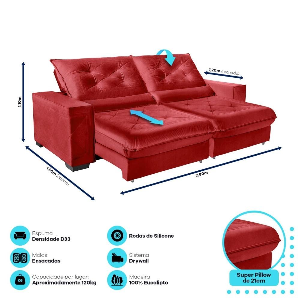 Sofá Cancún Retrátil e Reclinável 2,90M Velusoft Vermelho com Molas Ensacadas Pillow Top - Sofá Casa - 3