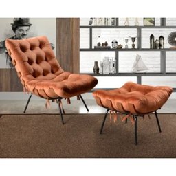 Poltrona Sala Estar Decorativa Costela de Adão com Puff Luxo:poltrona Costela Veludo Terracota - 2
