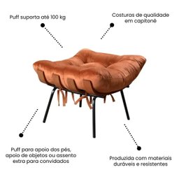 Poltrona Sala Estar Decorativa Costela de Adão com Puff Luxo:poltrona Costela Veludo Terracota - 6
