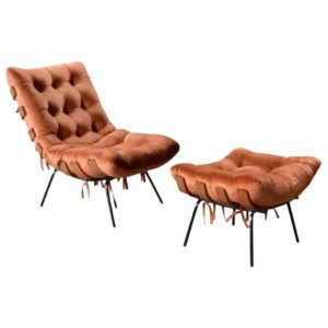 Poltrona Sala Estar Decorativa Costela de Adão com Puff Luxo:poltrona Costela Veludo Terracota