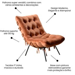 Poltrona Sala Estar Decorativa Costela de Adão com Puff Luxo:poltrona Costela Veludo Terracota - 5