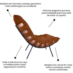 Poltrona Sala Estar Decorativa Costela de Adão com Puff Luxo:poltrona Costela Veludo Terracota - 7
