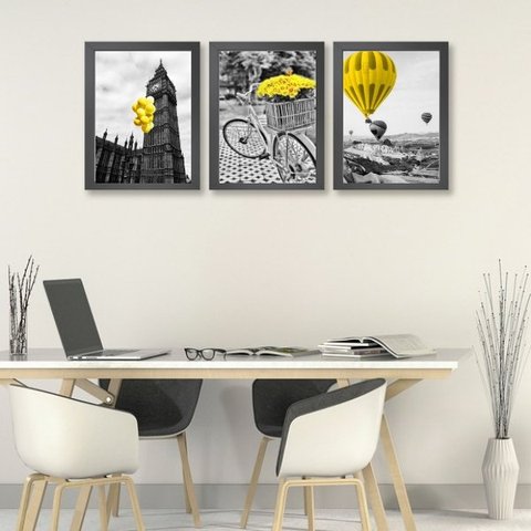 Kit 3 Quadros Fotografias Preto Branco E amarelo 33x24cm - com Vidro:madeira Preta