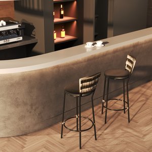 Conjunto 2 Banqueta Alta com Encosto Junco Cappuccino, Aço Carbono, Assento Estofado D28