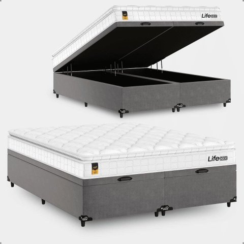 Cama Box Baú Queen Bipartido Cinza + Colchão Life D33 Pillow Top 56x158x198cm Branco - e-Shop
