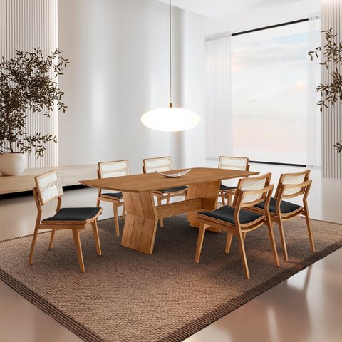 Conjunto de Mesa de Jantar Raiz Tampo 180cm Barril Laminado e 6 Cadeiras Eloá Premium Marrom/Linho Preto/Imbuia/Cinamomo