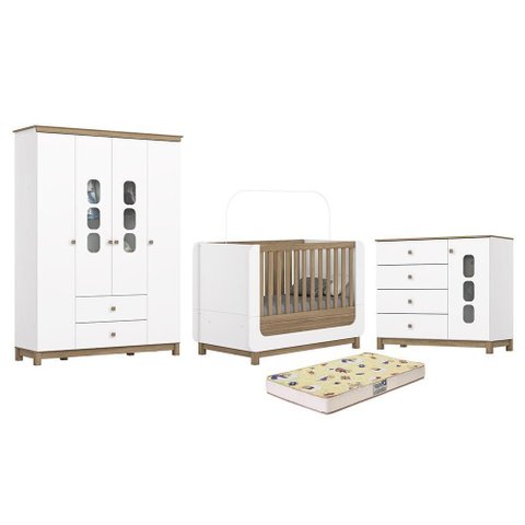 Dormitório Aconchego Guarda Roupa, Cômoda e Berço Branco/jequitibá com Colchão Supreme - Mó