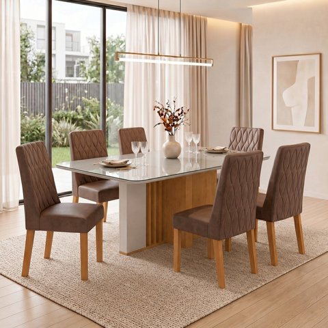 Conjunto Sala de Jantar 6 Lugares Retangular Tampo Vidro/MDF 170cm Mesa Astrid com Cadeiras Luar Marrom Amêndoa Clean/Off White/Avelã
