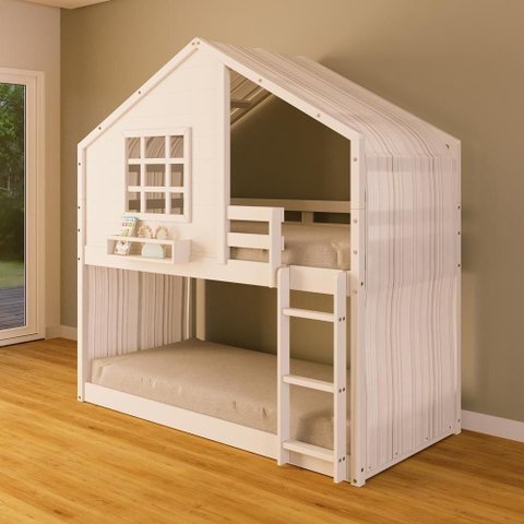 Beliche Montessoriano Casinha com Janela e Cortina Madeira Maciça Branco Housin