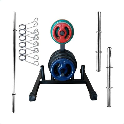 Kit Musculação com Suporte + 100 Kg de Anilhas Emborrachadas com Barras