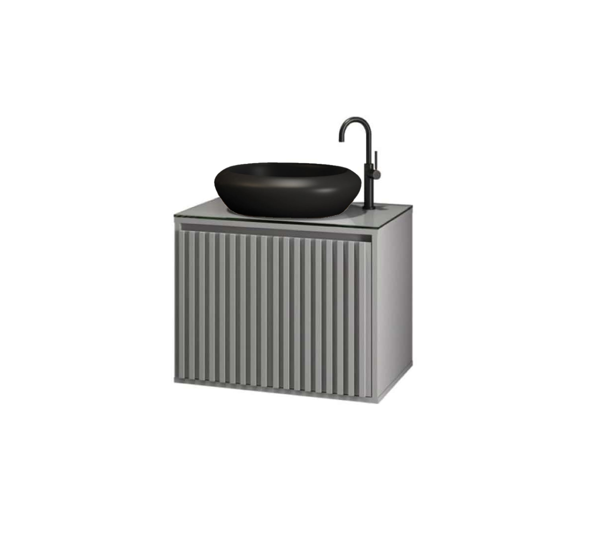 Ver imagem 1 de Gabinete Para Banheiro Ripado 60 Cinza Mat. C/ Cuba Preta