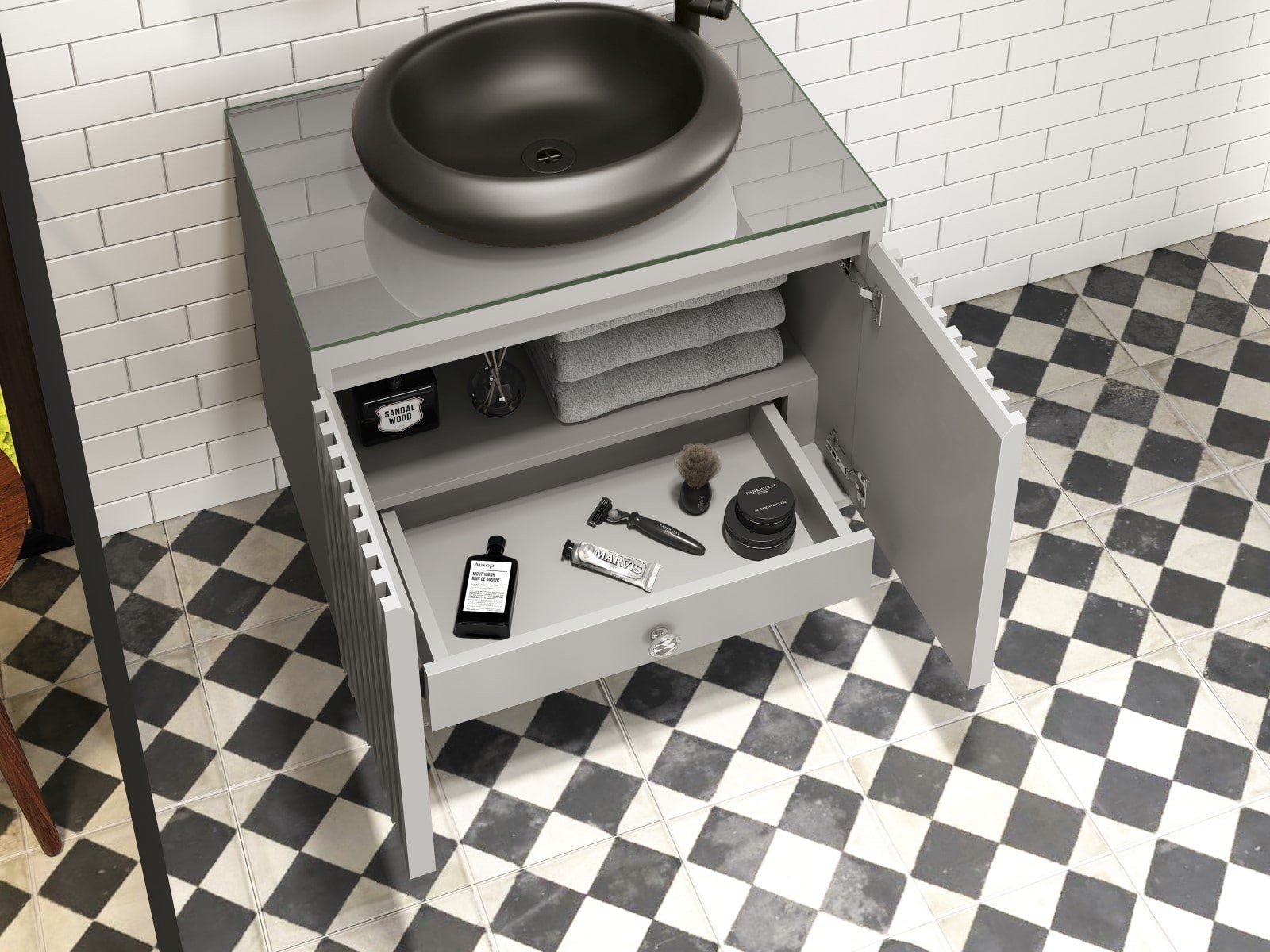 Ver imagem 3 de Gabinete Para Banheiro Ripado 60 Cinza Mat. C/ Cuba Preta