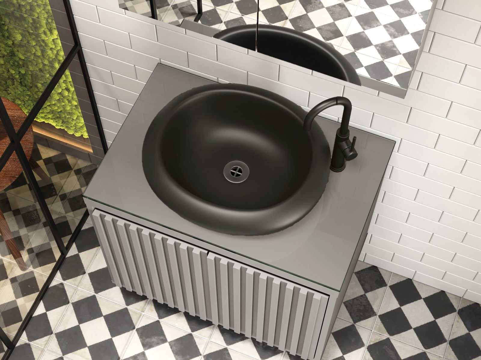 Ver imagem 2 de Gabinete Para Banheiro Ripado 60 Cinza Mat. C/ Cuba Preta