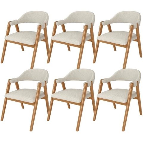 Kit 06 Cadeiras de Jantar e Estar Living Estofada Nadja L02 Linho Champagne - Lyam Decor